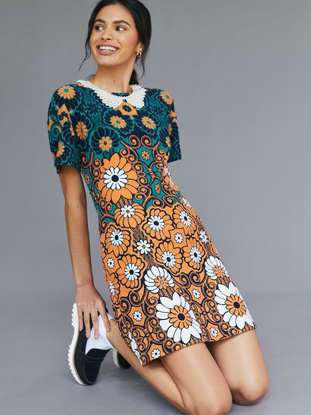Like new Anthropologie Maeve Floral Shift Mini Dress in retro teal and orange. - Picture 2 of 9